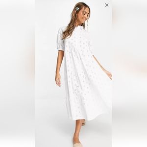 Broderie Tiered Shirt Dress with short sleeves in white